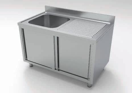 Stålbord m/vask og bagkant - 2 skabe med skydelåger - 100 x 60 cm